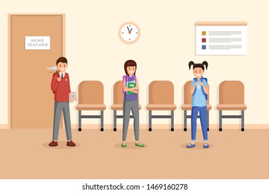 Schoolmates at break time vector illustration. Cute pupils with stationery and rucksacks, standing in school corridor cartoon characters. Cheerful schoolchildren waiting at headteacher office