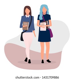 Schoolmates flat vector illustration. Teenage schoolgirls with books together cartoon characters on white background. Teen schoolchildren going to school with bags and books. Stylish school girls