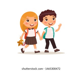 Schoolmates going to school flat vector illustration. Couple pupils in uniform holding hands isolated cartoon characters. Happy elementary school students with rucksack back to school after holidays