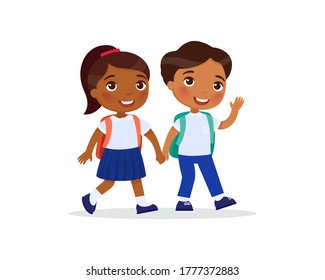 Schoolmates going to school flat vector illustration. Dark skin couple pupils in uniform holding hands isolated cartoon characters. Happy elementary school students with backpack back to school after 