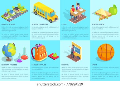 School-related collection of posters with text. Isolated vector illustration of transport, lunch meal, learning process, supplies and other objects