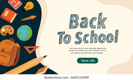 School-related objects placed around chalk style back to school text with dark background