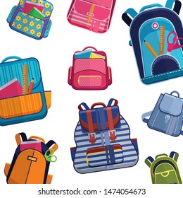 Schools backpacks or rucksacks and bags of different models and sizes vector pattern . Backdrop with colorful school backpacks on white background.