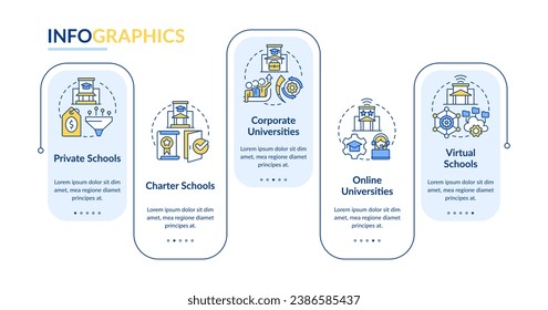 Las escuelas y los proveedores de educación se caracterizan por una plantilla de infografía rectangular. Visualización de datos con 5 pasos. Gráfico de información de línea de tiempo editable. Diseño de flujo de trabajo con iconos de línea. Lato-Bold, fuentes regulares usadas