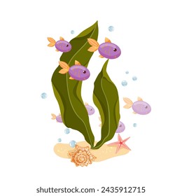 Schools of fish swim at the bottom of the aquarium, a small sea island. Cartoon vector graphics.