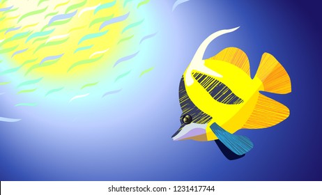 Schools of  fishes and yellow heniochus fish underwater