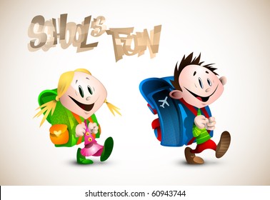 School's Fun | Detailed Illustration of two young happy child going to school | EPS10 Vector | All layers named accordingly