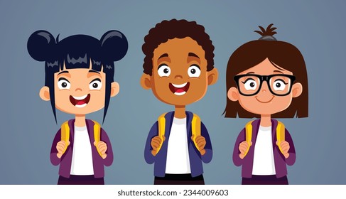 
Schools Kids Feeling Excited about the New School Year Vector Cartoon. Cool diverse group of students smiling wearing backpacks 
