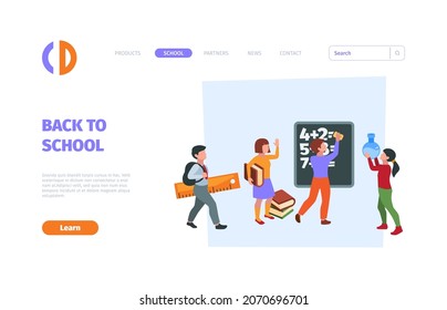 Schools landing. People studying lessons education processes for students with backpack pencils papers books and other symbols for school persons garish vector template