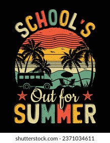 School's out for summer retro sunset t shirt design, vintage style editable vector for t-shirt print and other uses.