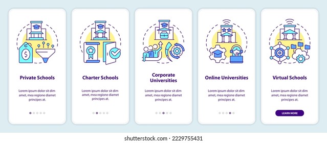 Schools and service providers onboarding mobile app screen. Education walkthrough 5 steps editable graphic instructions with linear concepts. UI, UX, GUI template. Myriad Pro-Bold, Regular fonts used