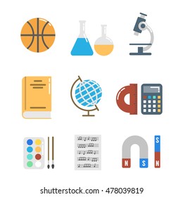 Schools stuff for pupils' education vector icons set.