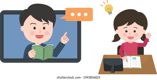 Schullehrer unterrichten Kinder mit Tablet PC. Vektorgrafik einzeln auf weißem Hintergrund.