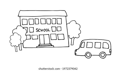 Schoolyard and bus, primitive hand drawn, back to school, simple flat vector illustration