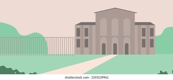 Schoolyard with lawn and no people, flat vector stock illustration with outside building as copy space template