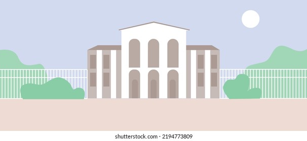 Schoolyard and nobody as template for design, flat vector stock illustration with outside school building
