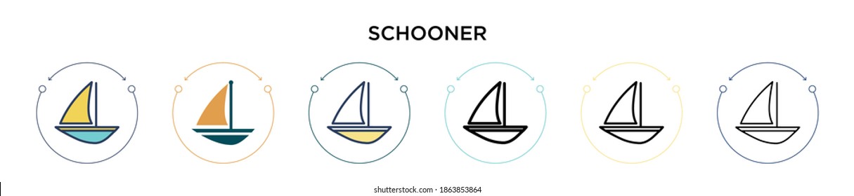 Schooner icon in filled, thin line, outline and stroke style. Vector illustration of two colored and black schooner vector icons designs can be used for mobile, ui, web
