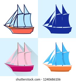 Schooner Icon Set In Flat And Line Styles