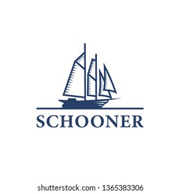 Schooner ship logo. Vintage ship logo. Silhouette of Schooner logo design. Traditional Sailboat