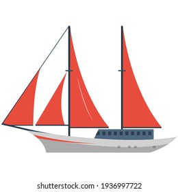 Schooner vector. Small nautical ship boat with red sail, mast and rope icon isolated on white background. Wind moving regatta touristic water transport. Tourism and yachting