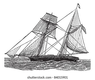 Schooner, vintage engraved illustration. Schooner sailboat at sea. Trousset encyclopedia (1886 - 1891).