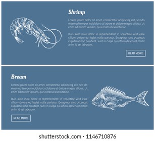 Schrimp and bream marine products vector illustrations in sketch style. Dark blue landing page with text sample. Great for seafood fish market design