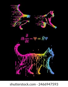 Schrodinger cat and equation in holographic iridescent colors. A illustration of linear partial differential equation that governs the wave function of a quantum-mechanical system.