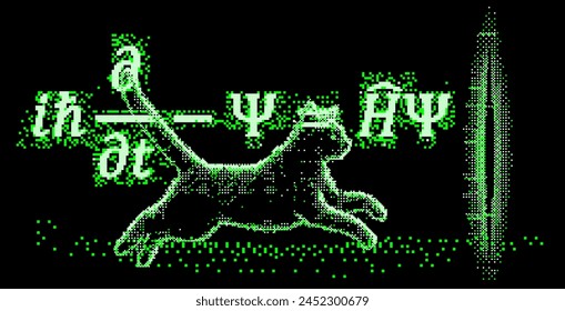 Schrodinger cat and equation in pixel art futuristic style. Conceptual vector illustration of  linear partial differential equation that governs the wave function of a quantum-mechanical system.