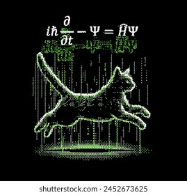 Schrodinger cat and equation in pixel art futuristic style. Conceptual vector illustration of  linear partial differential equation that governs the wave function of a quantum-mechanical system.