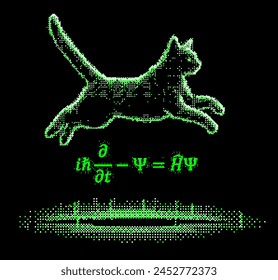 Schrodinger cat and equation in pixel art futuristic style. Conceptual vector illustration of  linear partial differential equation that governs the wave function of a quantum-mechanical system.