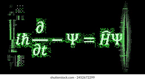 Schrodinger equation surrounded by pixel glitches and particles on a dark background. Conceptual vector illustration of  linear partial differential equation  of quantum-mechanical system.