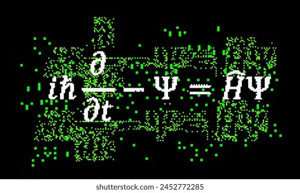 Schrodinger equation surrounded by pixel glitches and particles on a dark background. Conceptual vector illustration of  linear partial differential equation  of quantum-mechanical system.