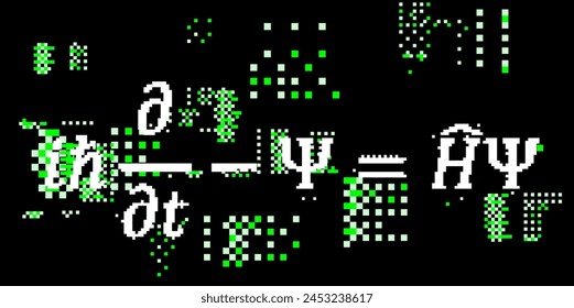 Schrodinger equation surrounded by pixel glitches and particles on a dark background. Conceptual vector illustration of  linear partial differential equation  of quantum-mechanical system.