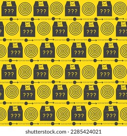 Schrodinger's cat seamless pattern on yellow background. Cat in the box. Two colours repeated background.