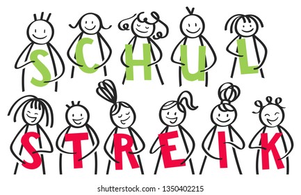 SCHULSTREIK German for School Strike, group of stick people holding green and red letters banner isolated on white background