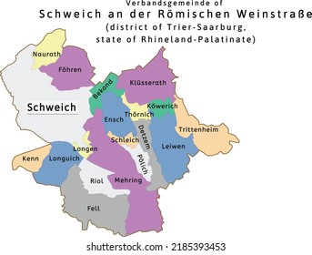 Schweich an der Römischen Weinstraßeverbandsgemeinde map of Trier-Saarburg district Rhineland-Palatinate state in Germany. Vectored. Colors shamrock, concrete, polo blue, drover, orchid,silver,caramel