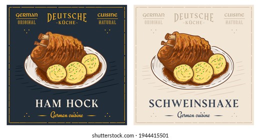 Schweinshaxe roasted ham hock pork knuckle retro vintage illustration