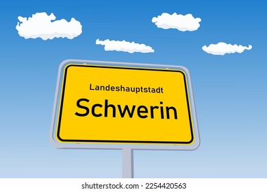 Schwerin city sign in Germany. City limit welcome road sign. Landeshauptstadt means State Capital in German language.