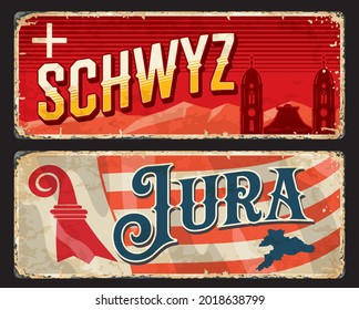 Schwyz und Jura Schweizer Kantons Vintage Teller. Die Schweiz weist retro Vektorzinnzeichen auf. Europäische Trip-Grunge-Banner mit Kantonsflagge und Wappensymbole, Einsiedeln-Bierfry und Karte