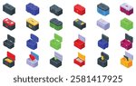 Sci fi boxes icons set. Set of isometric loot boxes containing various rewards, including gold, cash, gems, weapons, and hearts, symbolizing different types of prizes