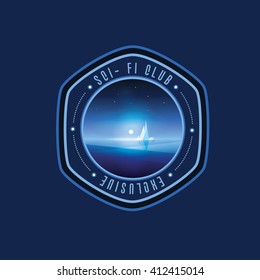Sci fi club exclusive logo badge in polygonal shape. Blue cold planet with iceberg vector illustration.