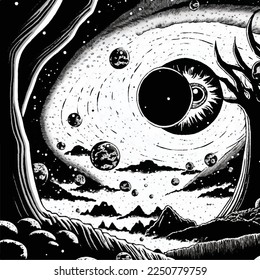 Sci fi comic art planets with eyes space galaxy