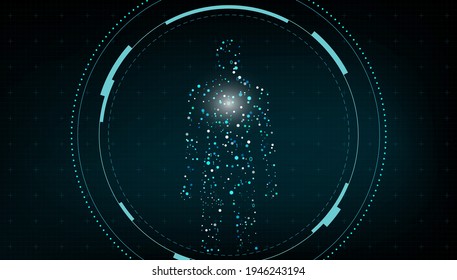 Sci fi figure made up of dots of light in a circular space, Abstract vector technology background.