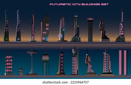 sci fi flat style buildings set, cyberpunk architecture concept, vector illustration