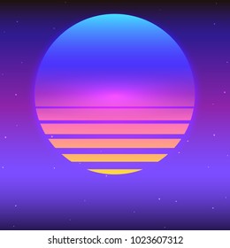 Sci fi futuristic abstract background with graphic sun. Violet retro gradient with stars, vintage style of the 80s. Virtual, digital cyber world. Vector illustration for your design of layout, poster