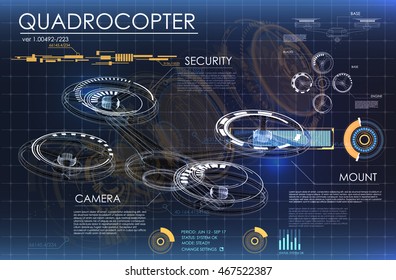 Sci fi futuristic background with quadrocopter and interface HUD. Vector illustration drone.