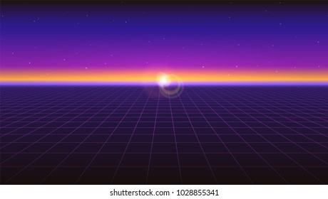 Sci fi futuristic horizontal abstract background. Violet retro gradient, vintage style of the 80s. Virtual surface with neon grids, digital cyber world. Vector illustration for your design of layout