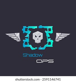 Sci Fi Futuristic Hud Style Military Logo With Skull And Wings Hexagon Frame Isolated On Dark Blue Vector Design