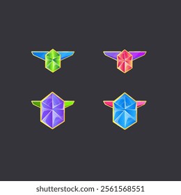 Sci Fi Futuristic Logo Elements E-sport Set Of Crystals Gem Wings Game UI Badges In Different Colors Stone Icon Vector Design
