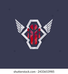 Sci Fi Futuristic Military Logo Element Frame Rhomb Silver Red Skull Metallic Wings Vector Design